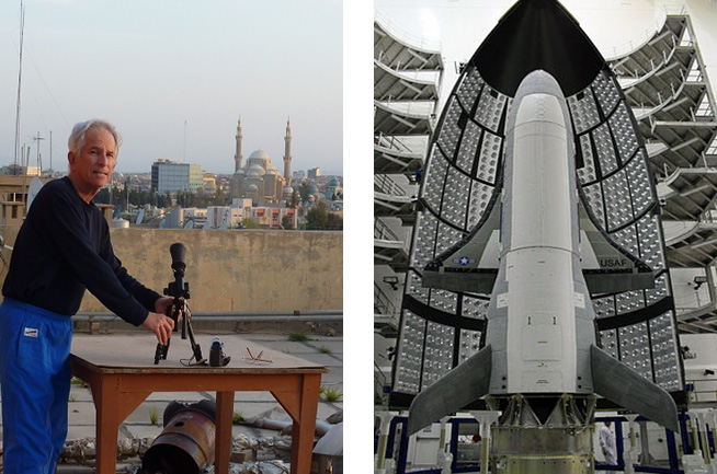 My setup for video observation of a military shuttle spacecraft X-37B OTV-2 (pictured on the right) from the roof of a hotel in Erbil, Iraq April 2, 2011. Photo by L. Palmer during my 51st year of satellite observing. My setup for video observation of a military shuttle spacecraft X-37B OTV-2 (pictured on the right) from the roof of a hotel in Erbil, Iraq April 2, 2011. Photo by L. Palmer during my 51st year of satellite observing.